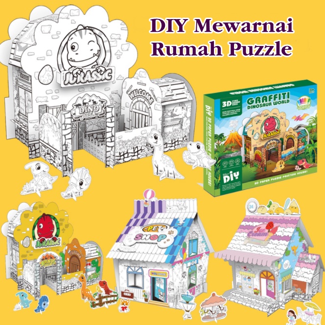 [ORGM] Mainan Edukasi DIY Mewarnai Puzzle Rumah Doodle Cardboard House Grafitti