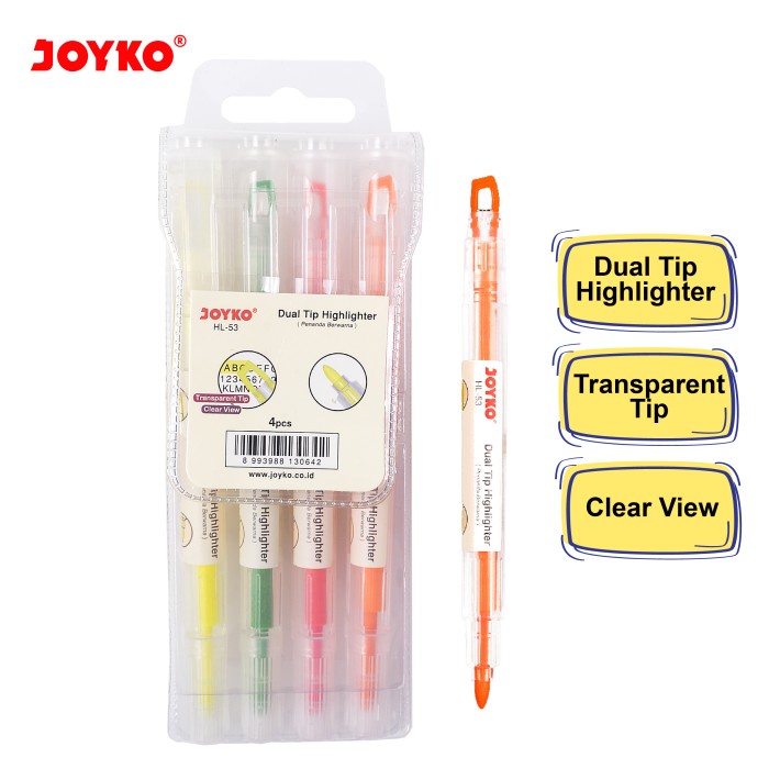 

Terlaris Dual Tip Highlighter Penanda Berwarna Joyko HL-53 1 Set 4 Pcs 4 Warna