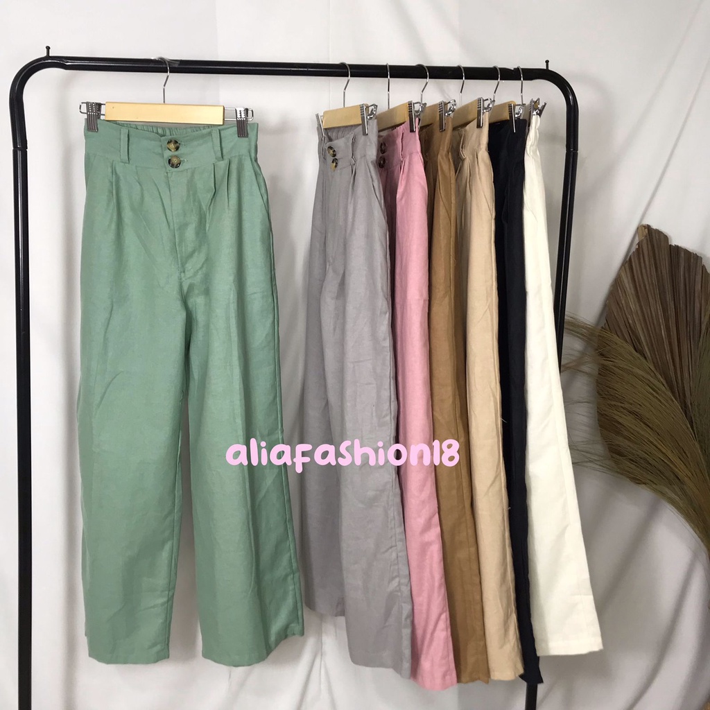 CELANA LINEN HIGHWAIST DOUBLE BUTTON/CELANA KULOT LINEN WANITA/KOREAN STYLE FASHION