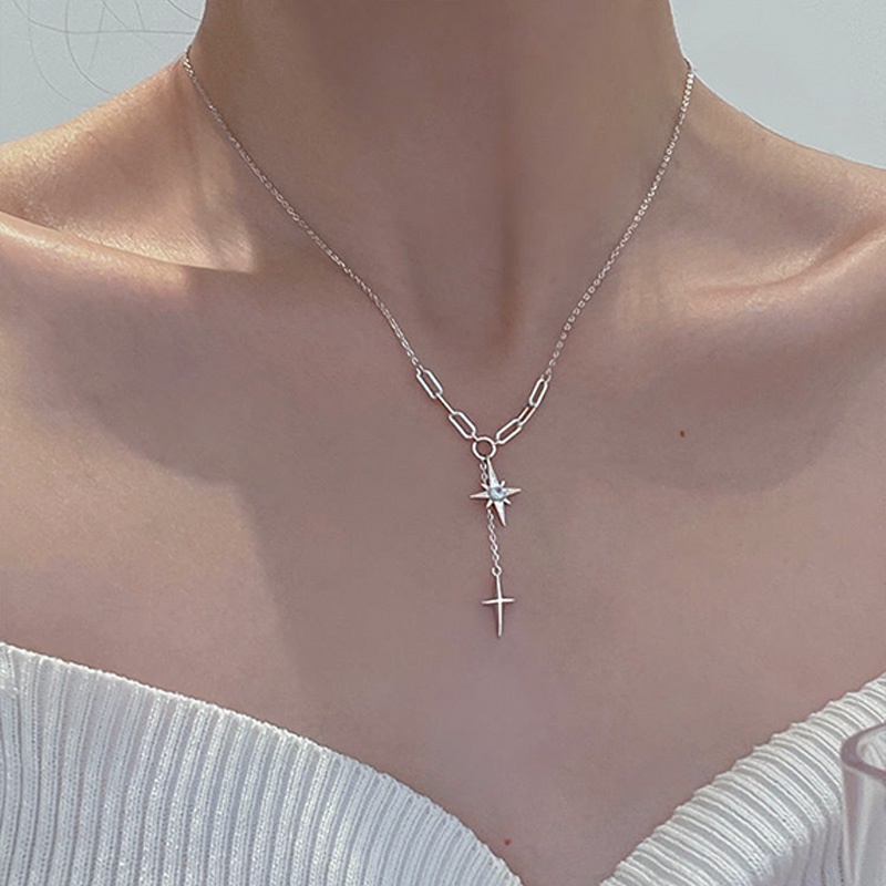 Kalung Rantai Sterling silver 925 Dengan Liontin hexagram Gaya Korea Untuk Wanita