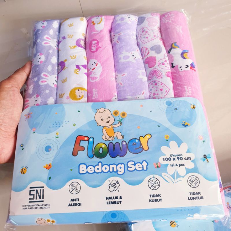 6 Pcs (1/2 Lusin) Bedong Bayi Print Motif FLOWER PRINT 90x115/90x100 Bedong Selimut Baby PRINT XX