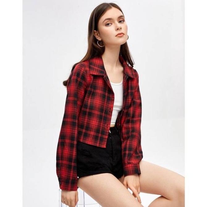 H*M Baju Crop Top Kemeja Flanel Wanita Lengan Panjang Motif Original Star Seller Termurah Trend