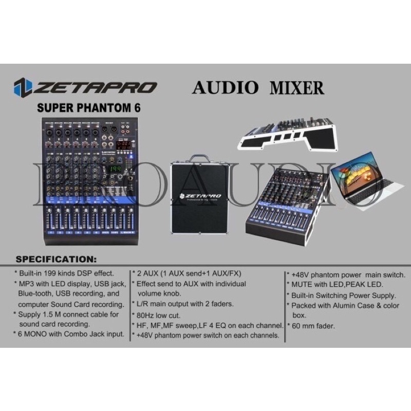 mixer audio zetapro 6 channel super phantom 6 USB BT FREE KOPER