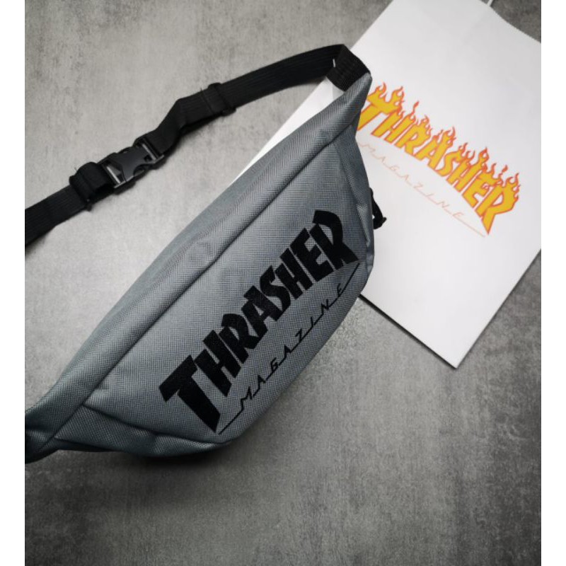 Waistbag Thrasher Flame Logo Waist Bag Grey With Paperbag Tas pinggang pria dan wanita