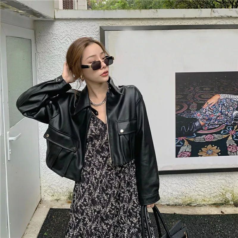 Mantel Kulit Antik Wanita 2020 Baru Longgar Hitam Pu Jaket Wanita Single Breasted Punk Pendek Faux Kulit Mantel Mujer