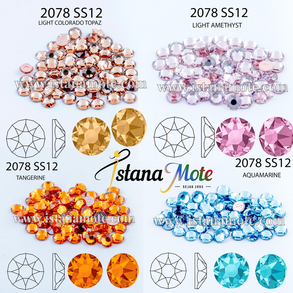 Flatback Hotfix kristal tempel Swarovski 2078-ss12-LCT/light amethys/tangerine/aqua  ASLI ORIGINAL