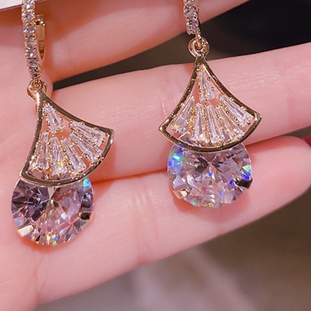 Anting Gantung Kristal Zircon Electroplating Bentuk Kipas Kecil Untuk Wanita