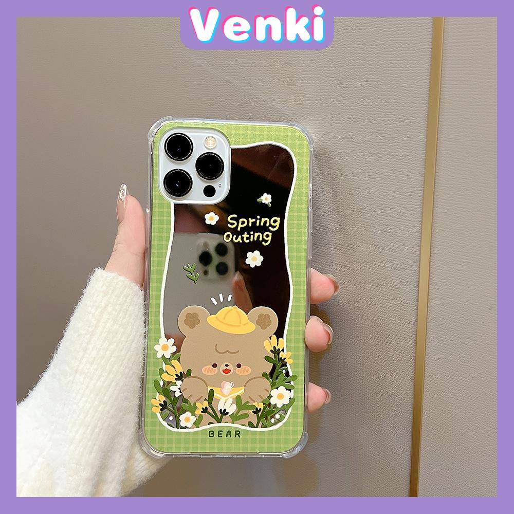 iPhone Case Acrylic Mirror Airbag Shock Resistant Big Hole Camera Protection Green Flower Bear Compatible For iPhone 11 iPhone 13 Pro Max iPhone 12 Pro Max iPhone 7 Plus