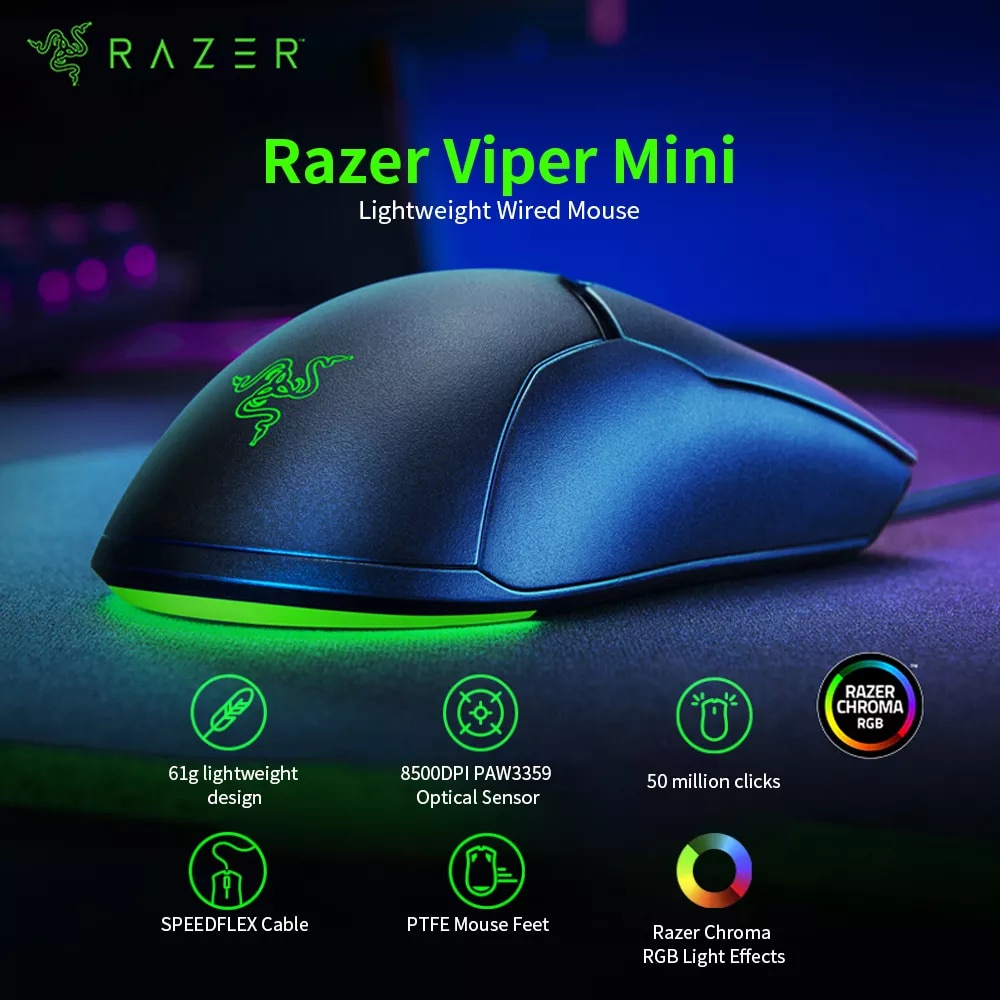 Razer Viper Mouse Gaming Mini 8500DPI Dengan Sensor Optikal RGB Dan Kabel Usb