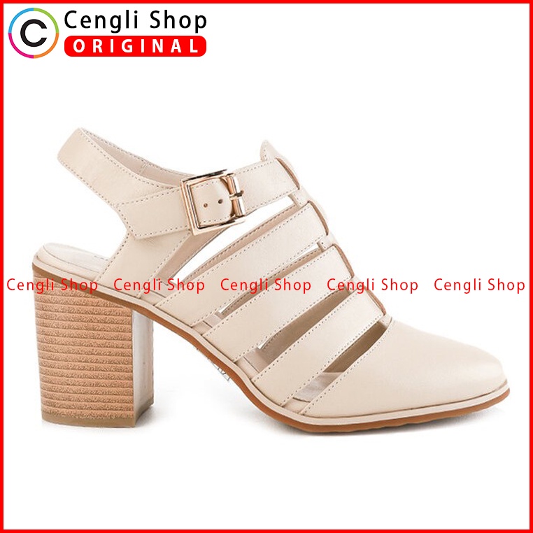 SEPATU SANDAL HEEL KULIT OBERMAIN HEELS WANITA ORIGINAL BEIGE OW18