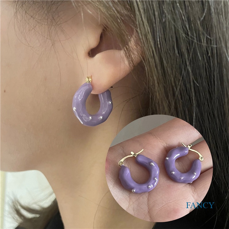 Anting Tusuk Gantung Desain Geometri Enamel Hias Mutiara Ungu Gaya Retro Untuk Wanita