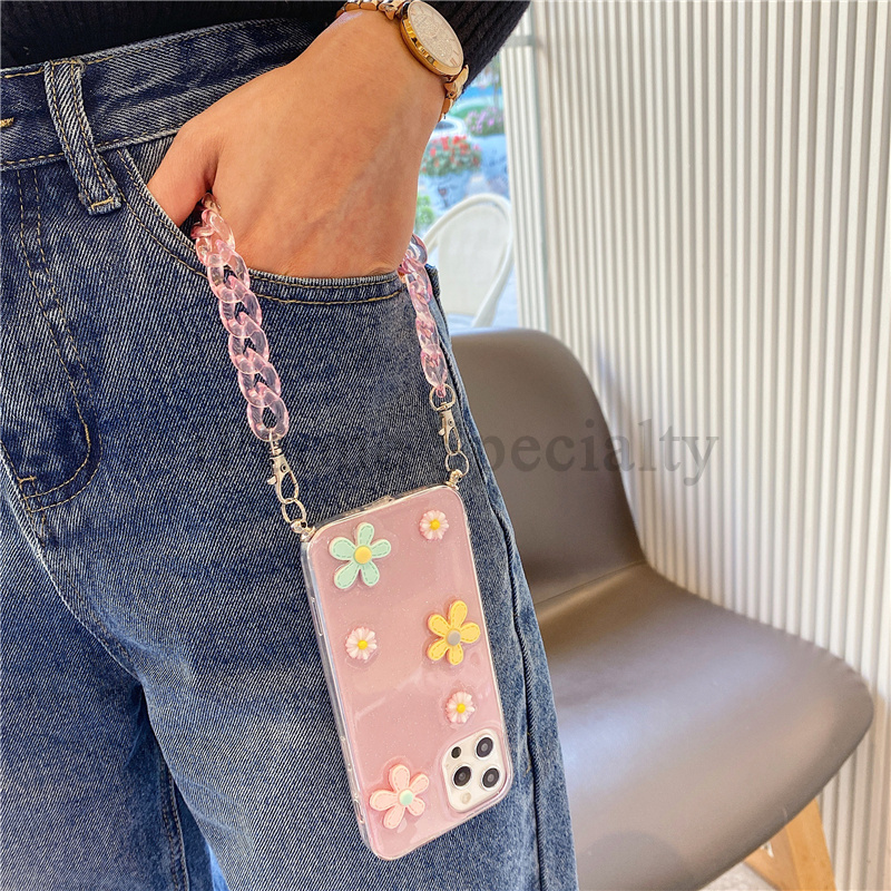 【Lanyard iphone case】 bracelet Suitable for iPhone12pro Max 11pro Max Xs Max XR 7/8 / SE 7+ 8+ 6 SPlus Bunga 3D mengkilap