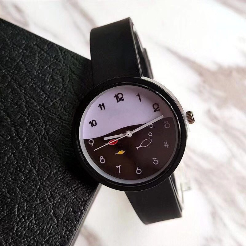 Jam Tangan Quartz Analog Korea Strap Silikon Warna Permen untuk Wanita / Jam Tangan Motif Kartun-32-8 Hitam