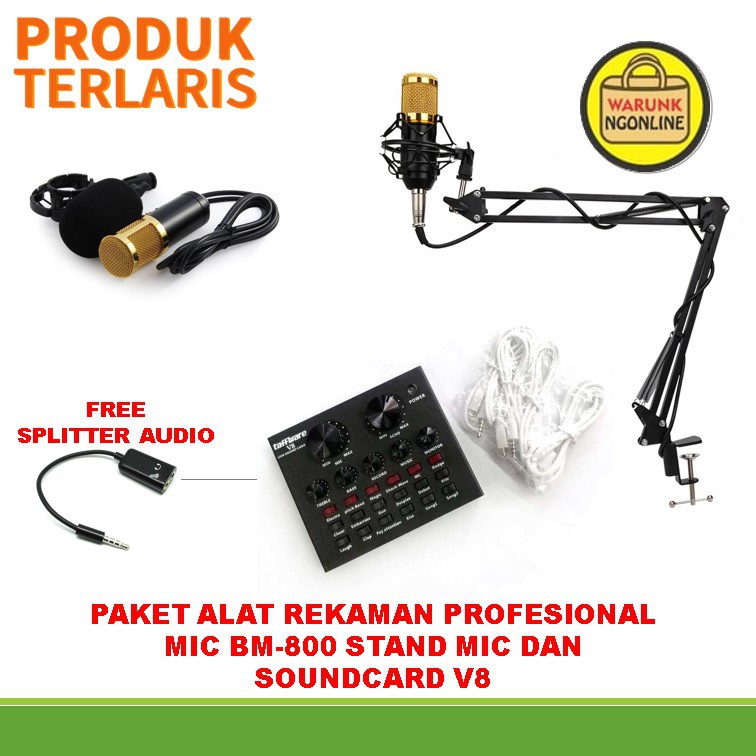 Paket Alat rekaman / live - mic bm800 soundcard v8 dan stand mikrofon - smule youtube karaoke