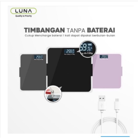 Luna Timbangan Badan Digital With USB Charging Anti Pecah With LCD GARANSI 3 TAHUN Official