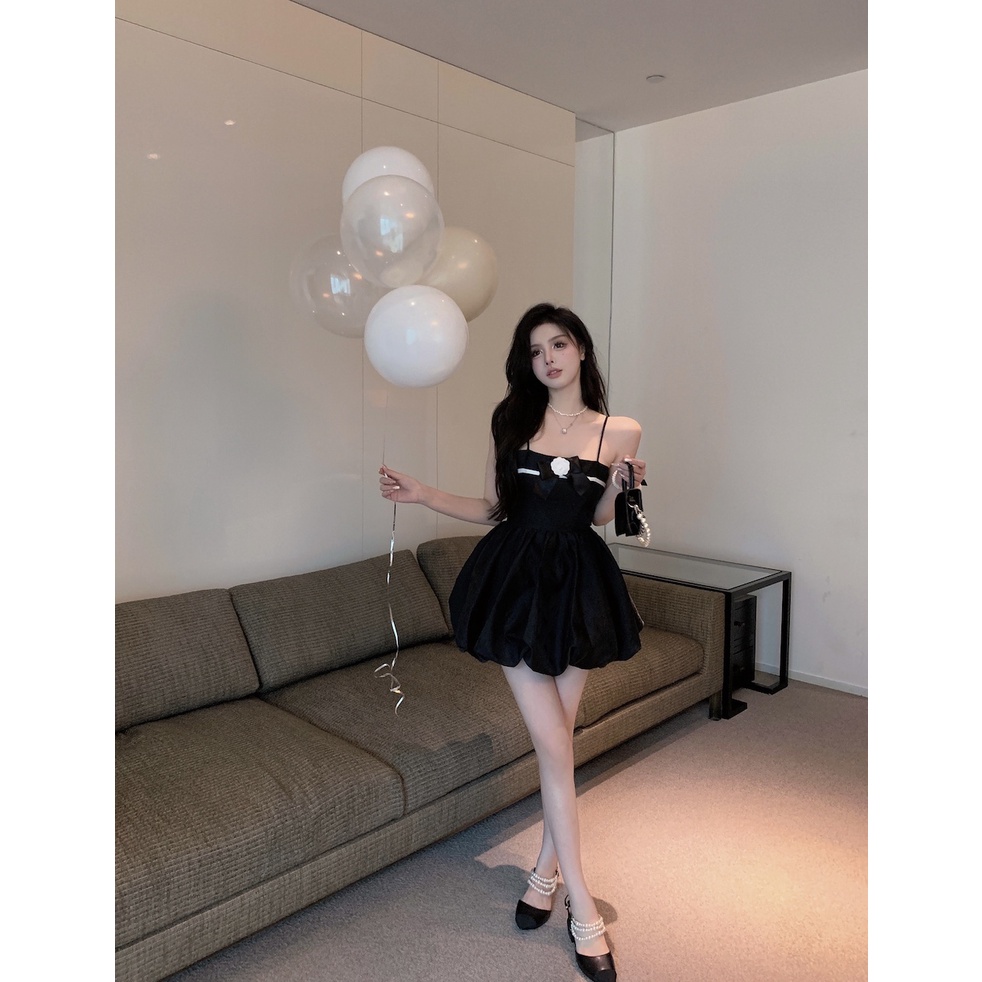 Suhao hitam camellia suspender dress wanita musim panas manis gadis panas temperamen ramping tanpa l