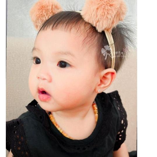 (HARGA BERSAHABAT) JUMBO BEAR POMPOM BULU - nylon pom pom Headband bandana telinga beruang lucu Bayi