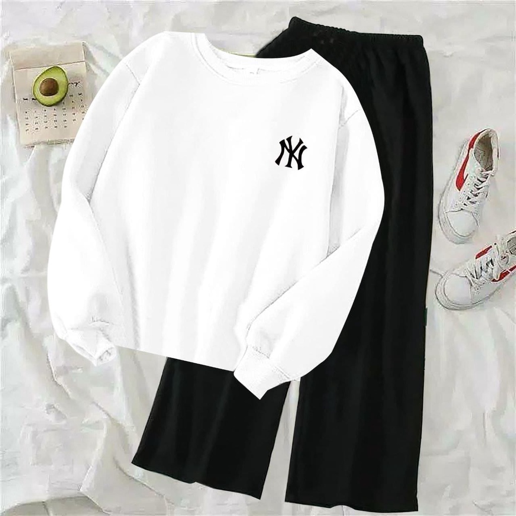 (COD)ST NY / Stelan Kulot Polos Wanita / Stelan Sweater Terlaris / Stelan NY Bordir / Sweater Lengan Panjang&Celana Kulot Viral-PUTIH ATASAN SAJA