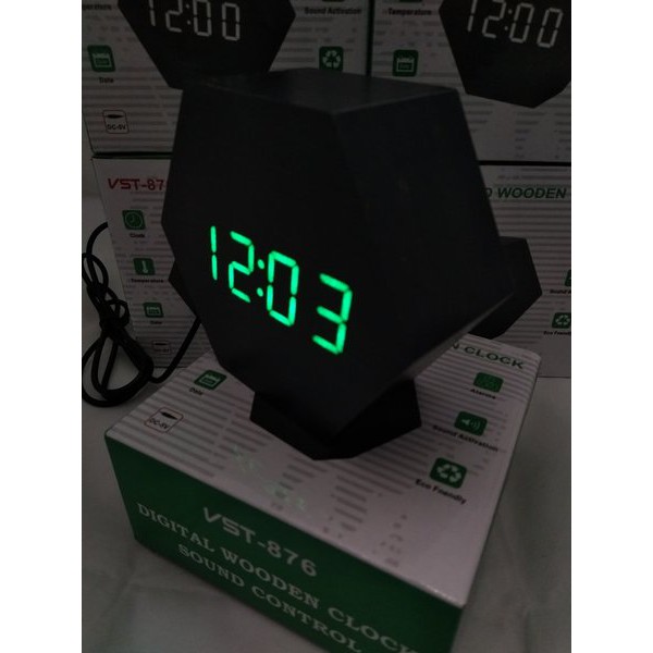 Jam Meja Digital Led Weker Digital Wood Alarm Clock 876 black green