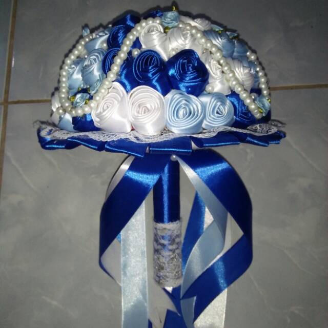 Jual Buket bunga pernikahan pengantin wisuda 3 warna biru kombinasi