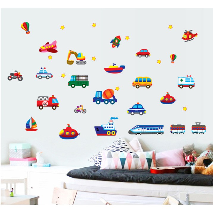 RELIZA WALLSTICKER TRANSPORTATION BUS, CAR, PLANE N TRAIN KIDS WALL STICKER DINDING AY7212