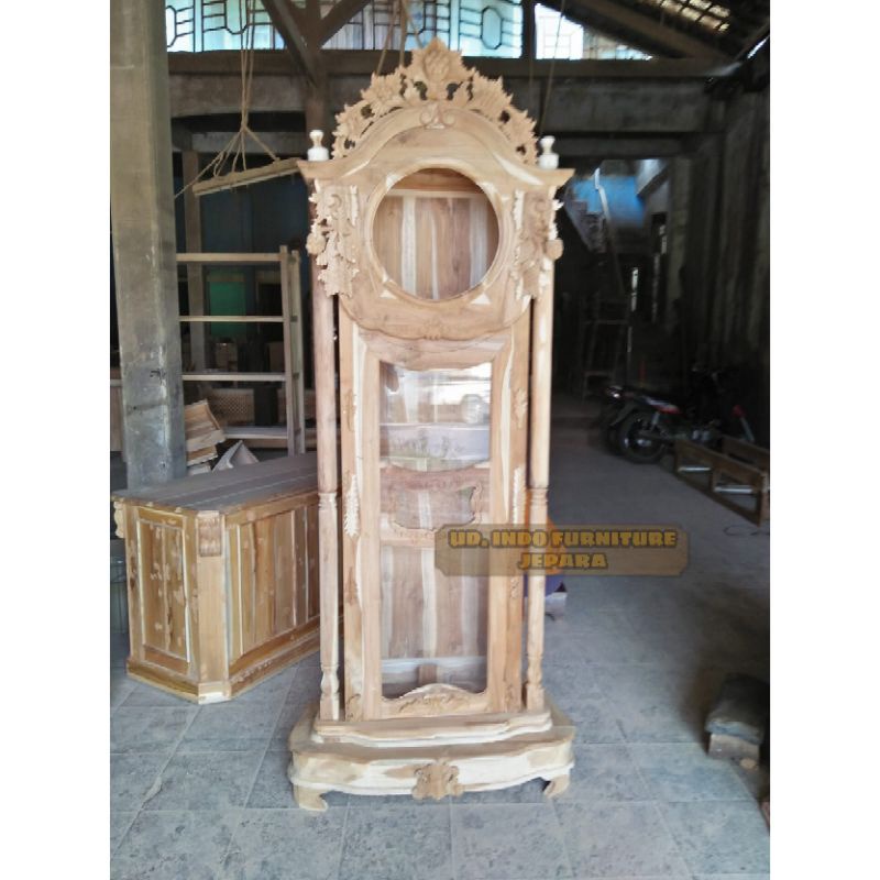 jam hias pajangan ruangan ruang tamu mentahan bahan kayu jati jepara