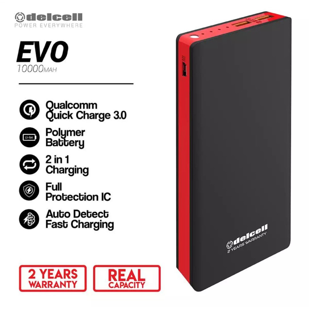 Powerbank QC 3.0 Delcell Evo 10000 mah Original Delcell Evo 10000mah Quick Charge Garansi Resmi 2 th