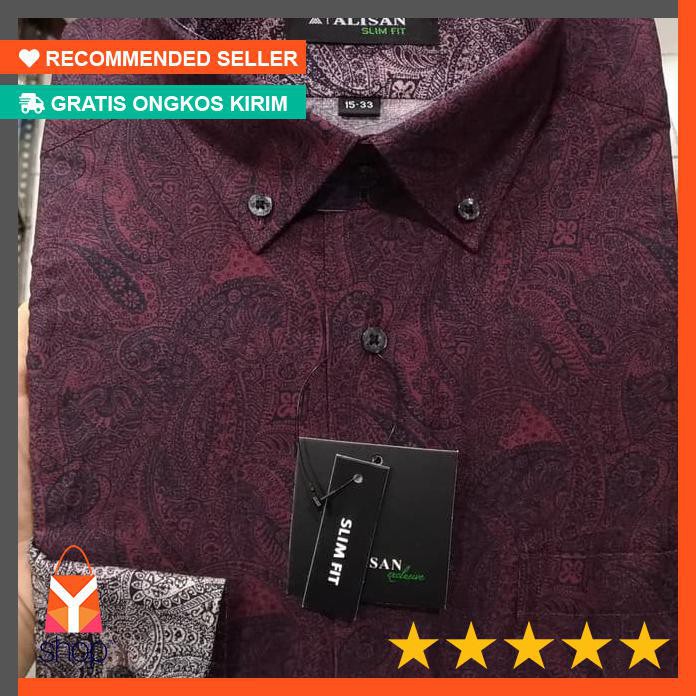 BIG SALE ! Kemeja Pria Alisan Semi Batik Gradasi Printing Katun Maroon Biru - Maroon, S