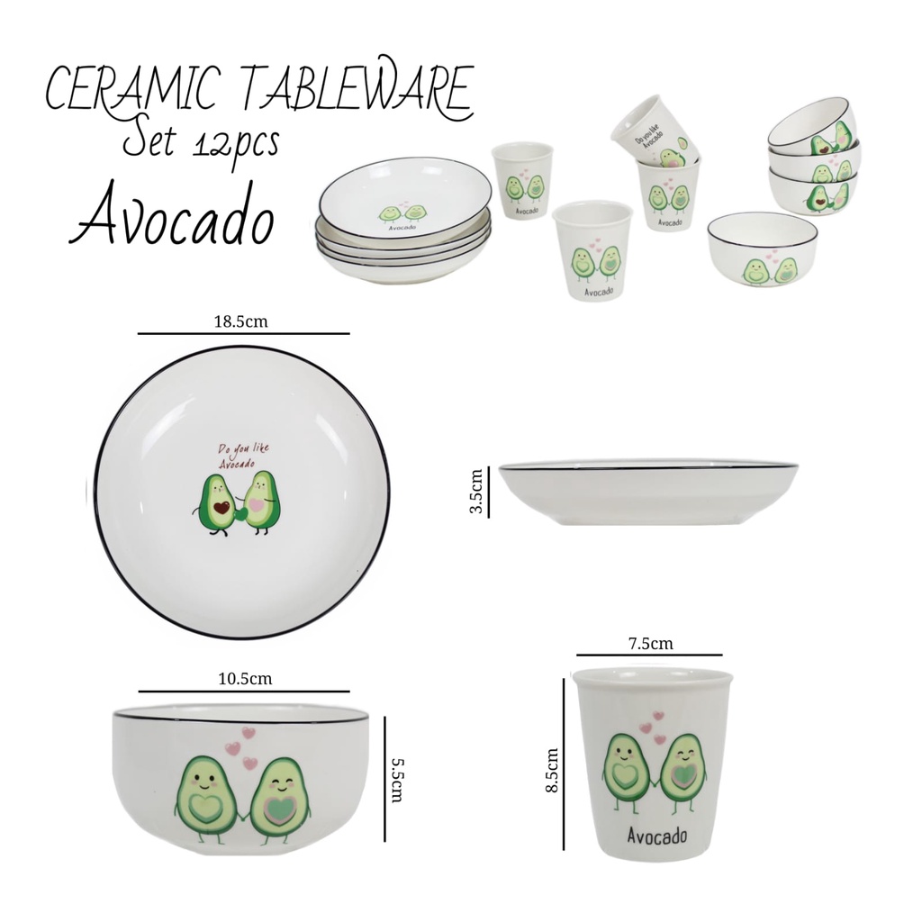 Ceramic Tableware 12pcs Dining Set Piring Mangkok Gelas