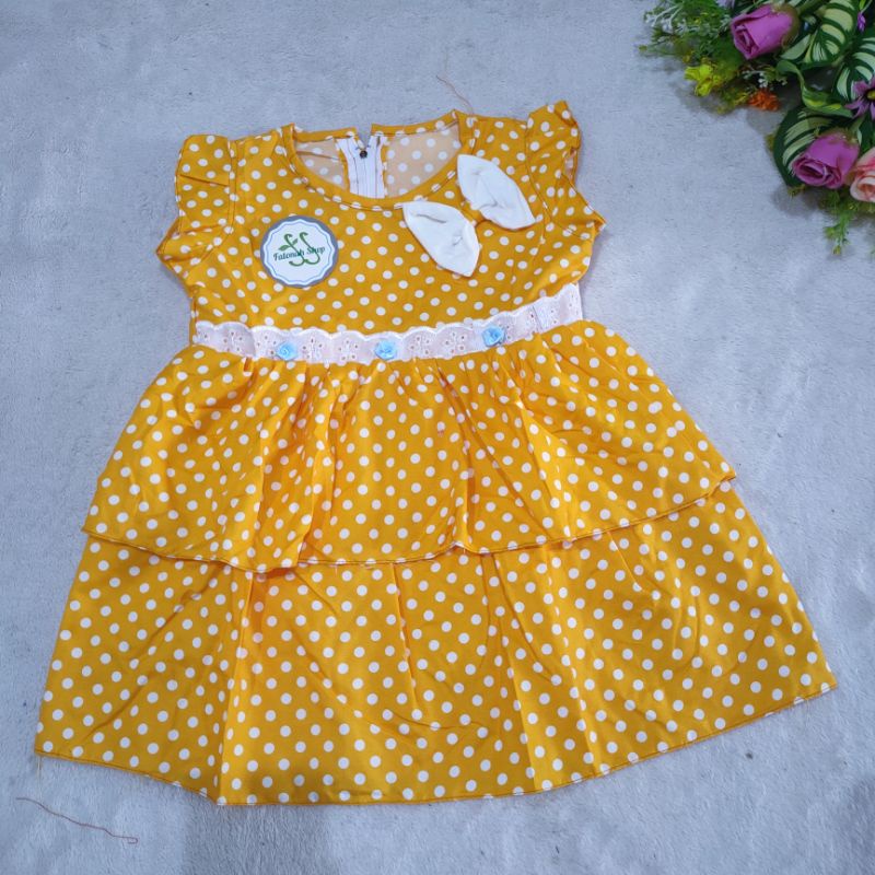 Dress anak 2-3 Tahun perempuan motif polka pita murah tumpuk harian santai katun fatonah shop trypol ( Dress Trypoll)