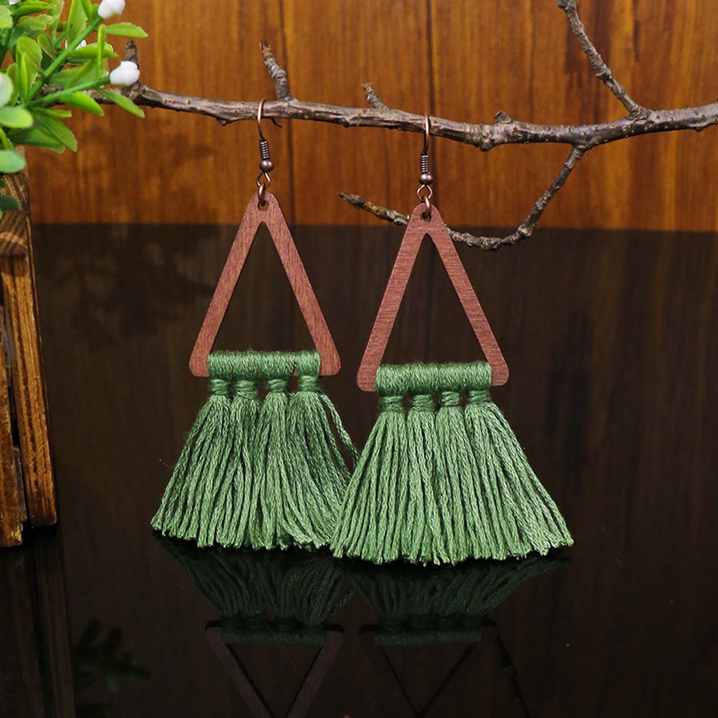 Hu Hu Hu Hu Hu Alat Bantu Pasang Kacamata♡ 1 Pasang Anting Kait Gantung Wanita Bahan Kayu Bentuk Segitiga Aksen Rumbai Benang Katun Gaya Etnik Bohemian