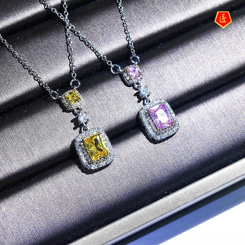 [Ready Stock]Luxury Full Diamond Pt950 Platinum Colored Gems Necklace Ins Zircon Pendant