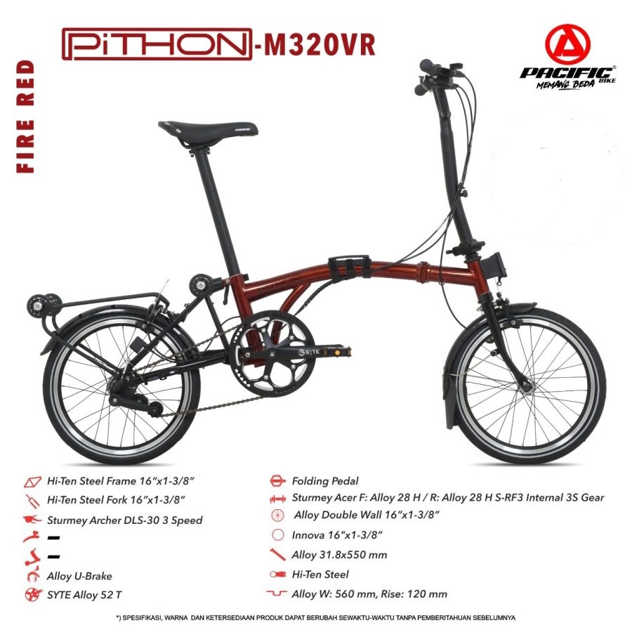 Sepeda Lipat Pacific STEEL PITHON M320VR 1x3 MD 16 Inch Garansi SNI-4
