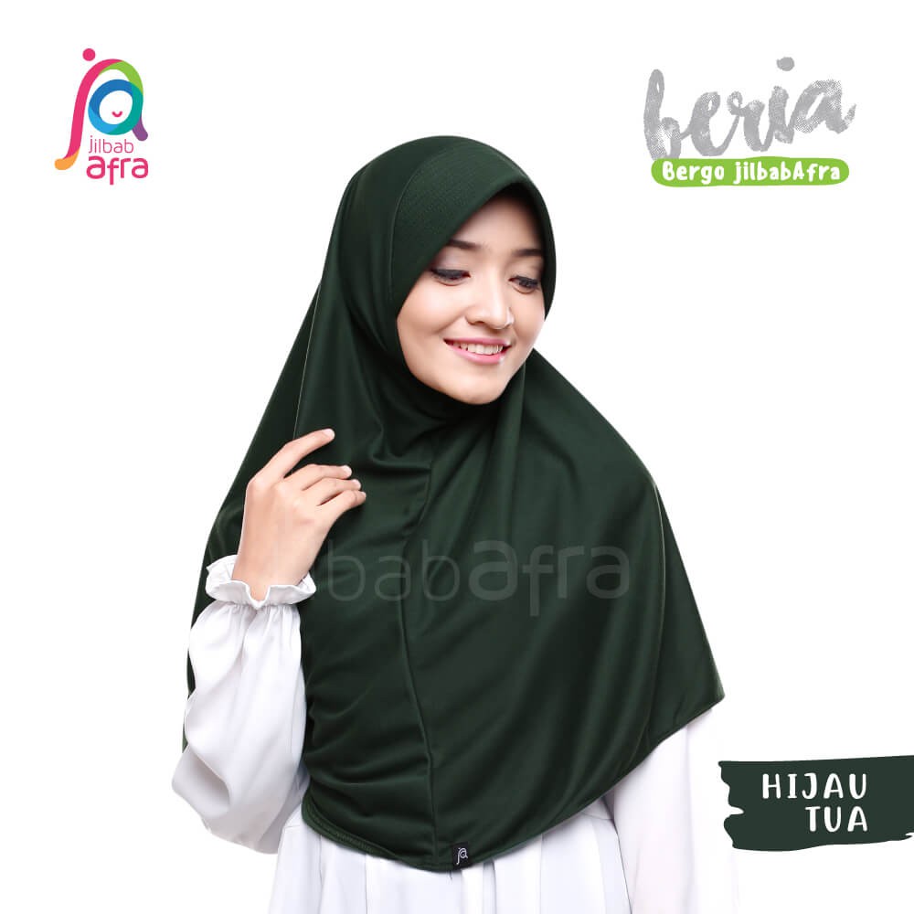 Jilbab Beria Hijau Tua - Bergo Jilbab Afra - Hijab Instan Bahan Kaos, Adem &amp; Lembut