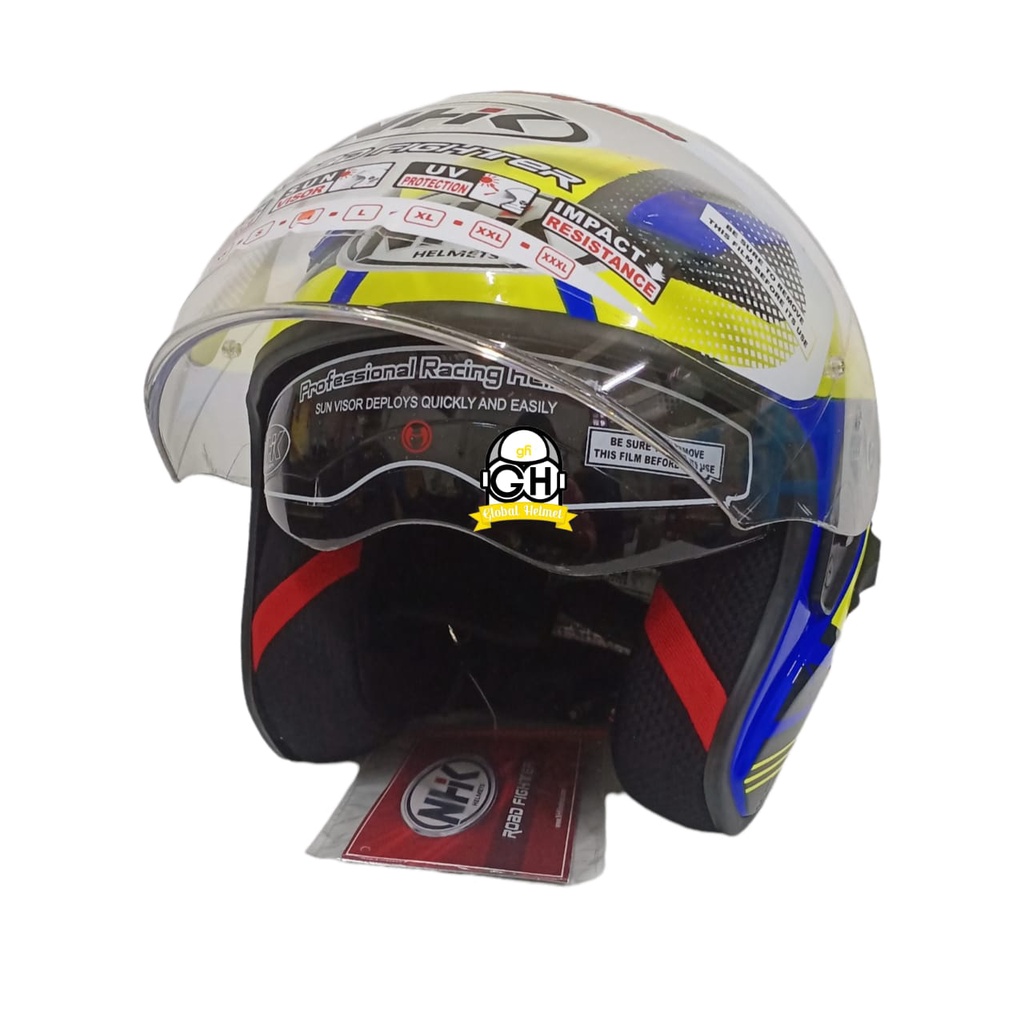 HELM NHK R1 MOTIF BIZARE BLUE AQSO YELLOW NHK R-1 BIZARE BLUE AQSO YELLOW DOUBLE VISOR