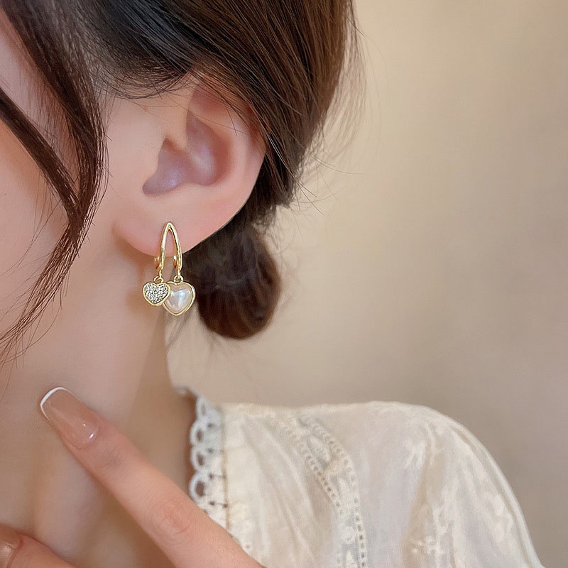 Anting Tusuk Gantung Bahan Sterling silver 925 Desain Hati Ganda Hias Mutiara Gaya Mewah High Quality Untuk Wanita