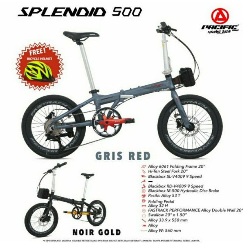 Sepeda lipat 20 inch Pacific Splendid 500 9 sp alloy hydraulic, ada tas dan helm
