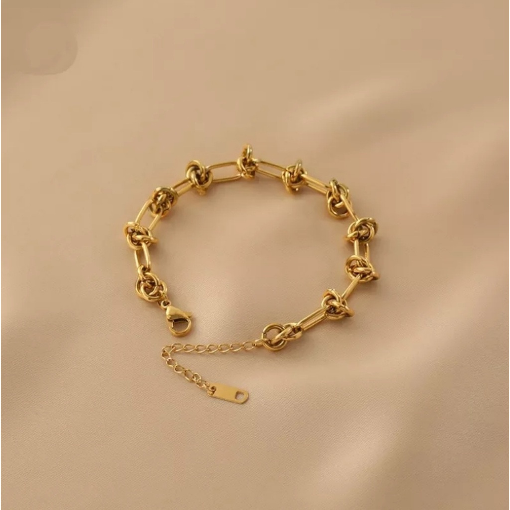 Gelang Tangan Rantai Titanium Model Rantai Simpul Warna Gold