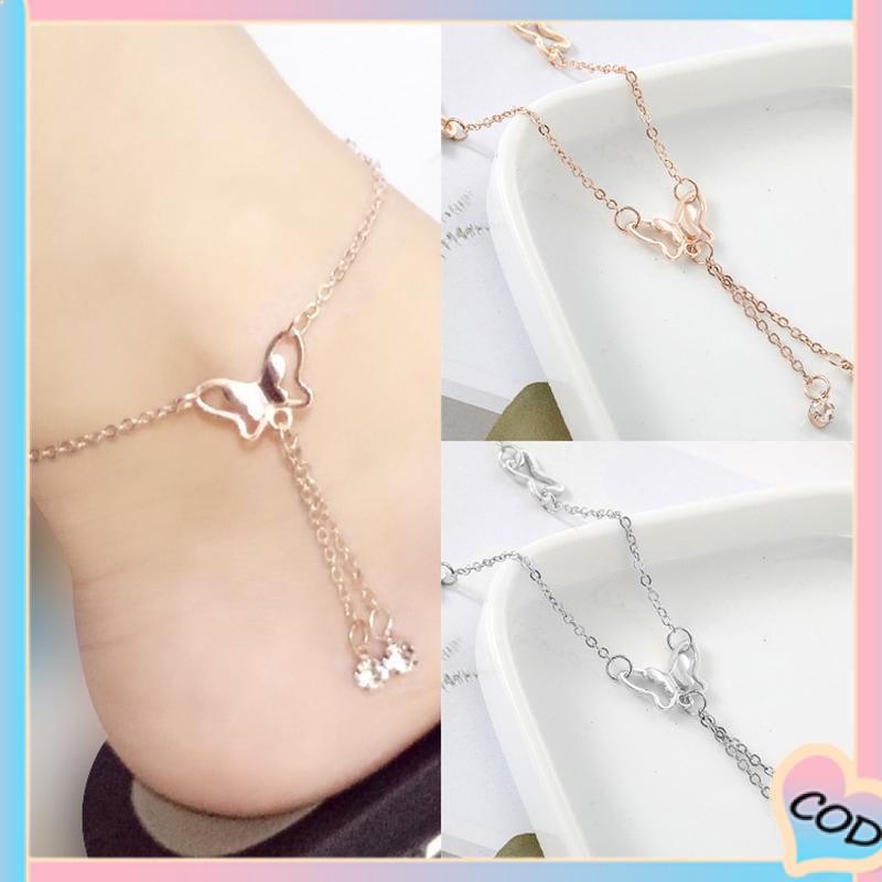 COD❤️ Fashion Wanita Aksesoris Korea Elegan Temperamen Manis Berlian Imitasi Liontin Kupu-kupu Gelang Kaki-A.one