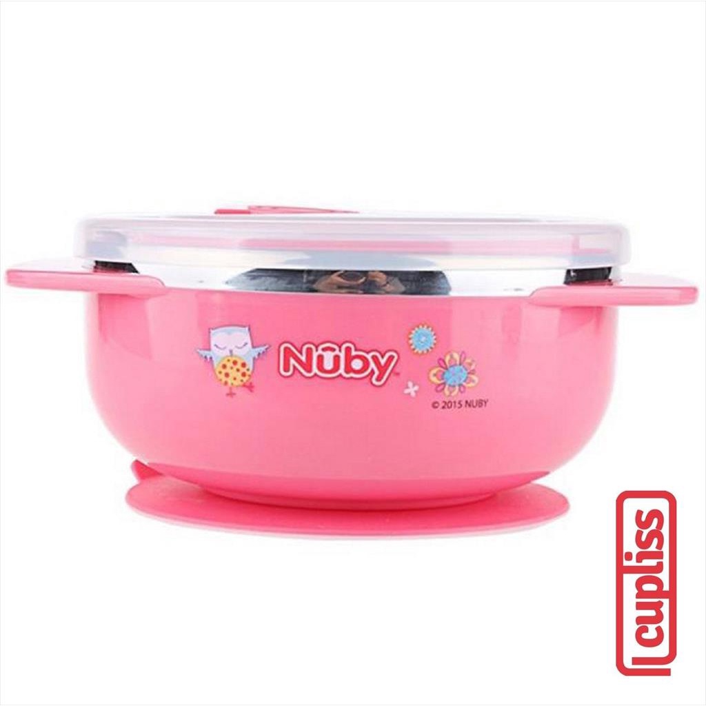 NUBY 123212 250 ml Stainless Bowl Owl Pink