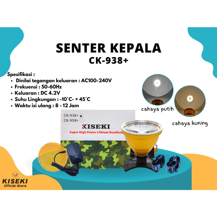 COD Senter Kepala Headlamp Kiseki 100 Wat CK-938+ CAHAYA PUTIH DAN KUNING