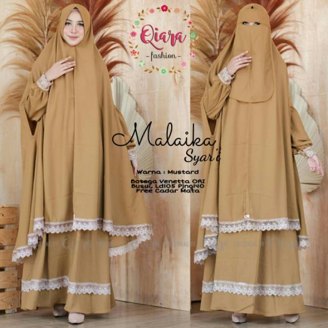 Gamis Mustard MALAIKA Syari ori Qiara Set Khimar Jumbo Tangan Bolong Free Cadar