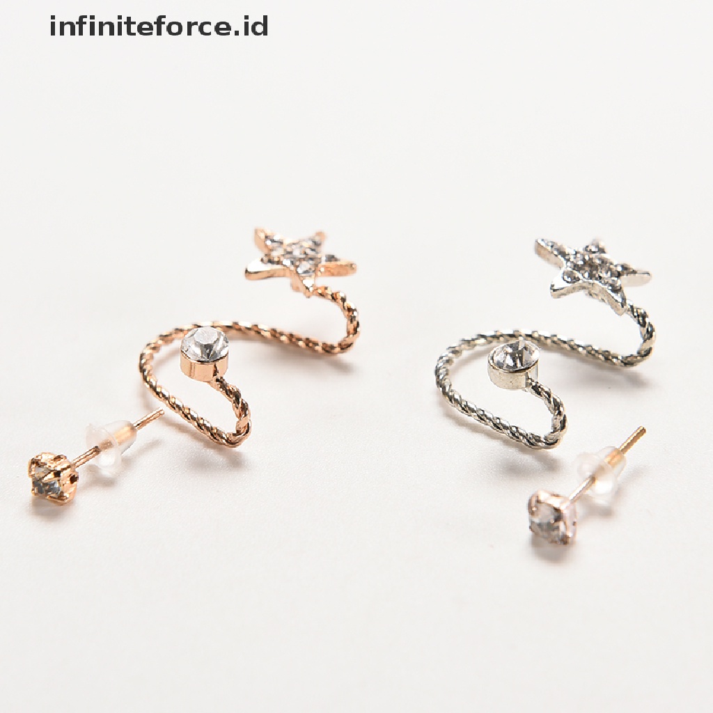 Infiniteforce.id Anting Klip Jepit Wanita Desain Pentagram Hias Kristal Berkilau