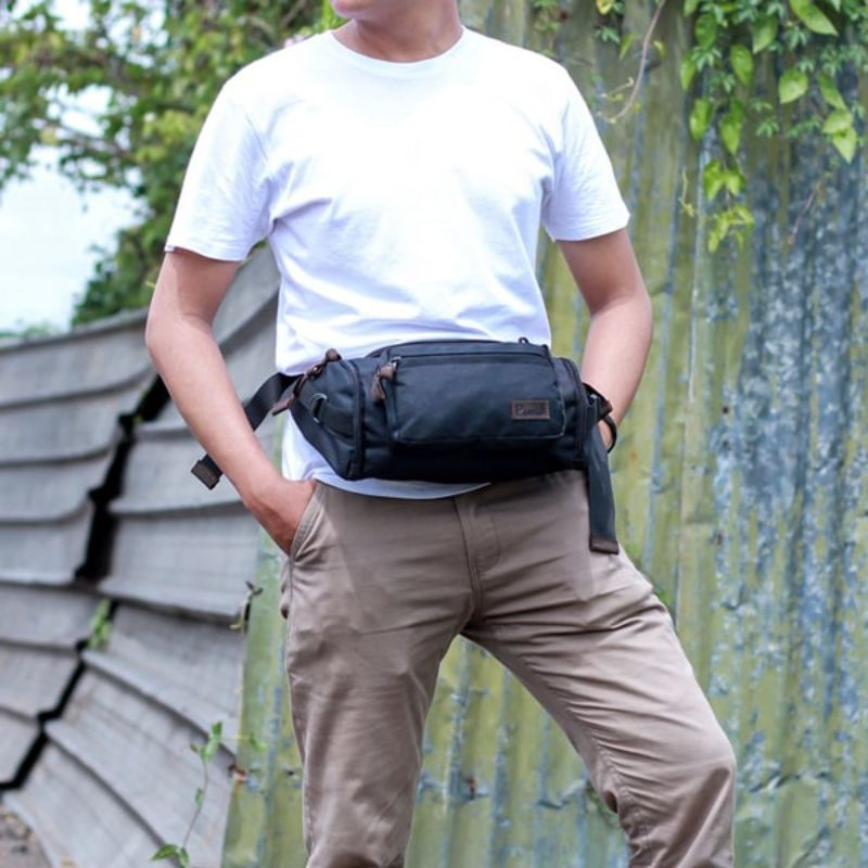 PUSIILL - Tas Waist Bag Pria Kulit Keren | Tas Pinggang Selempang Bahan Kulit Kombinasi Cordura | Tas Slempang Premium