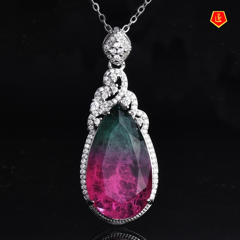 [Ready Stock]Watermelon Tourmaline Pendant 18K Rose Gold Water Drop Colored Gems Necklace