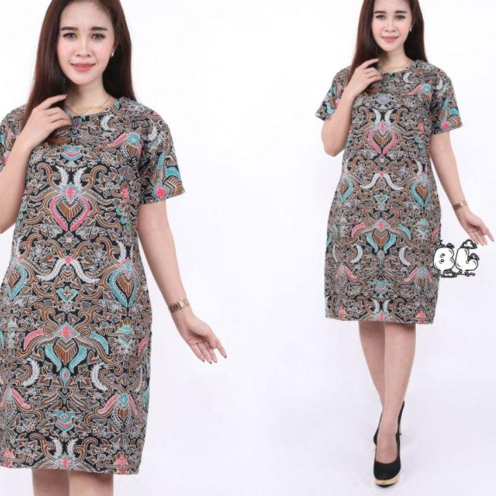 Update - BAJU DRESS WANITA MODERN MODEL MOTIF BATIK LENGAN PENDEK SELUTUT PARTY NATAL SERAGAMAN KARY