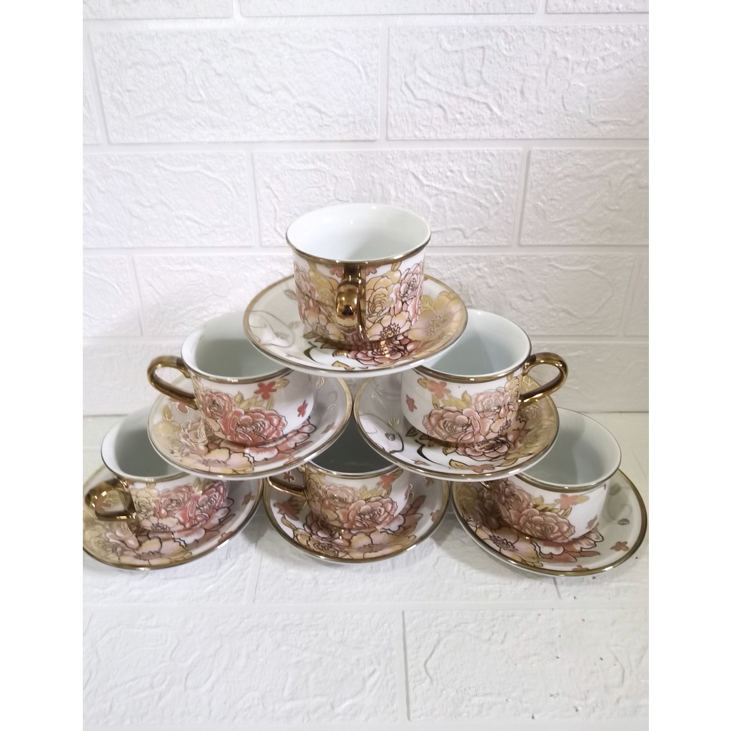 Cangkir Teh 6 pasang motif golden flower taniti / tea set / coffe set / kado gift