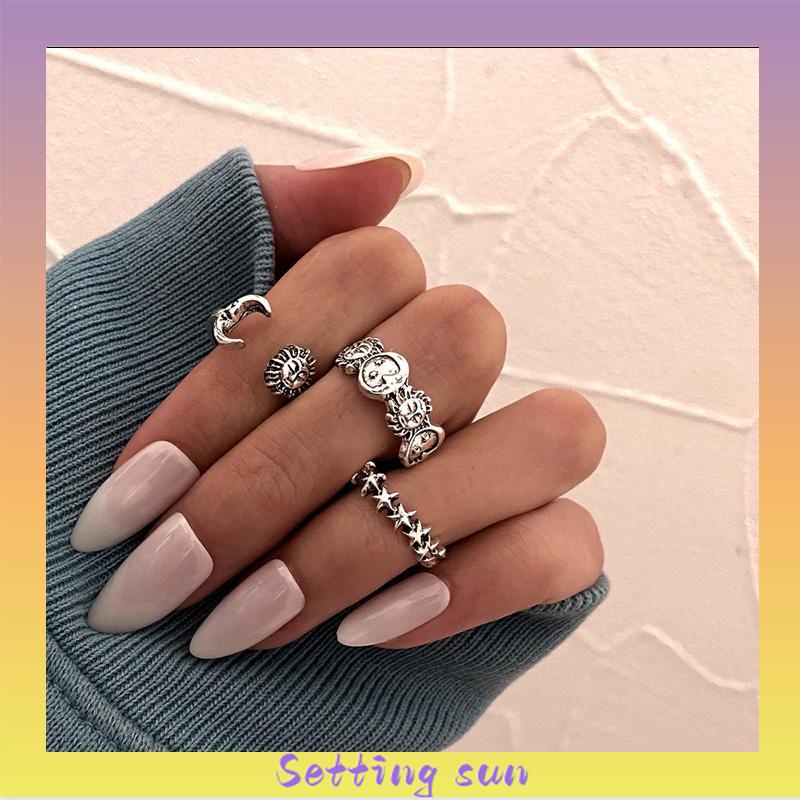 Cincin Gabungan Terbuka Kreatif Retro Star Moon 3-piece Set Cincin TN