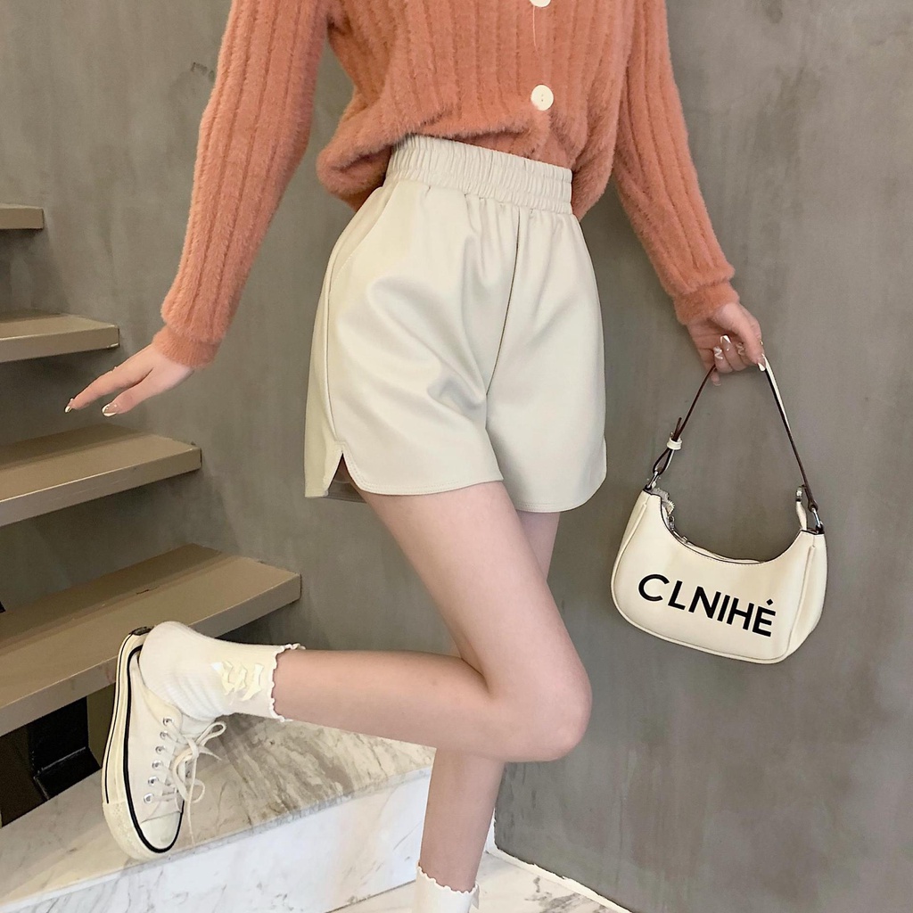 #Sisjuly# Kulit Celana Pendek Wanita2022Baru Pinggang Tinggi Kulit Celana Pendek Pelangsing Kasual Lebar Kaki