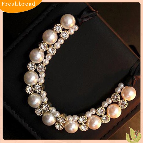 【Fresh】Women Fashion Double Row Faux Pearl Adjustable Ribbon Chain Choker Necklace